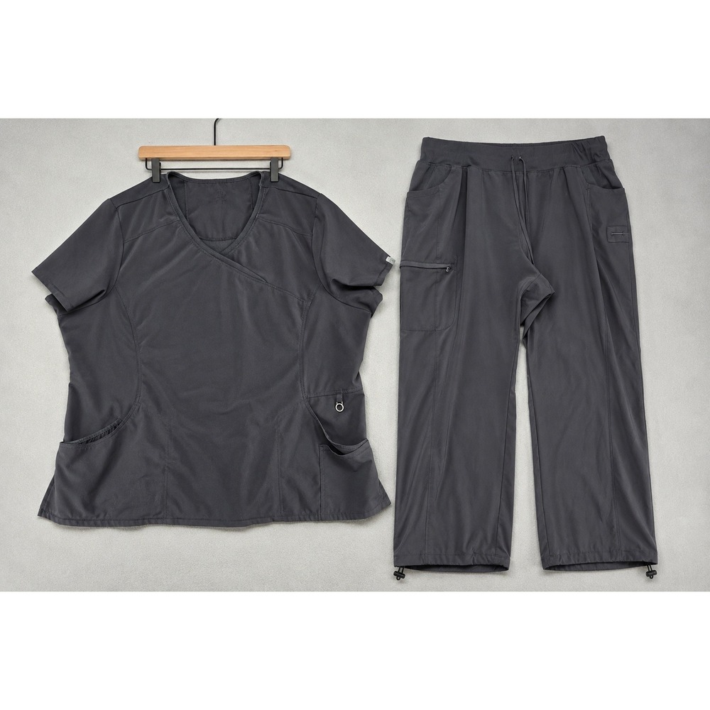 Cherokee Infinity Pewter Gray Scrub Set Mock Wrap Top 4XL Cargo Pants 3XL Plus